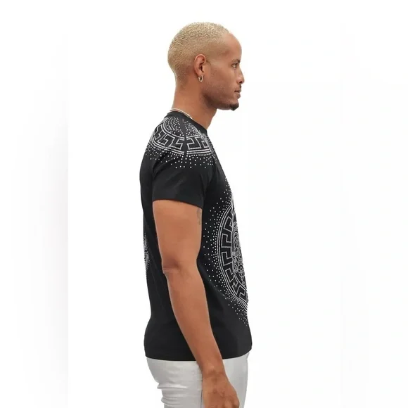 Men Rhinestone Medusa Greek Pattern Crew-neck T-Shirt - Picture 2 of 6